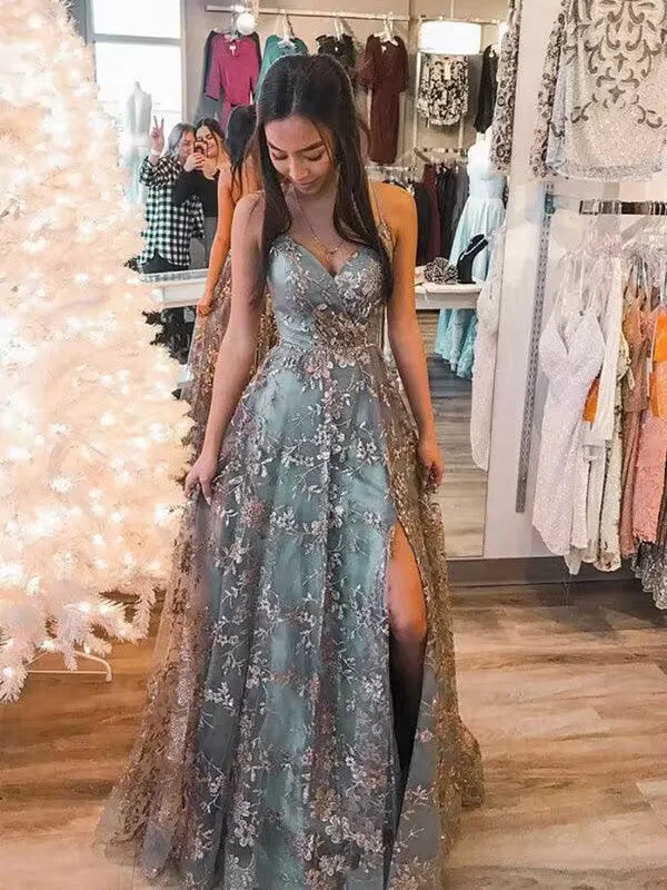 A-line V-neck Stylish Tulle Grey Lace Long Prom Dresses Evening Gowns LPK281