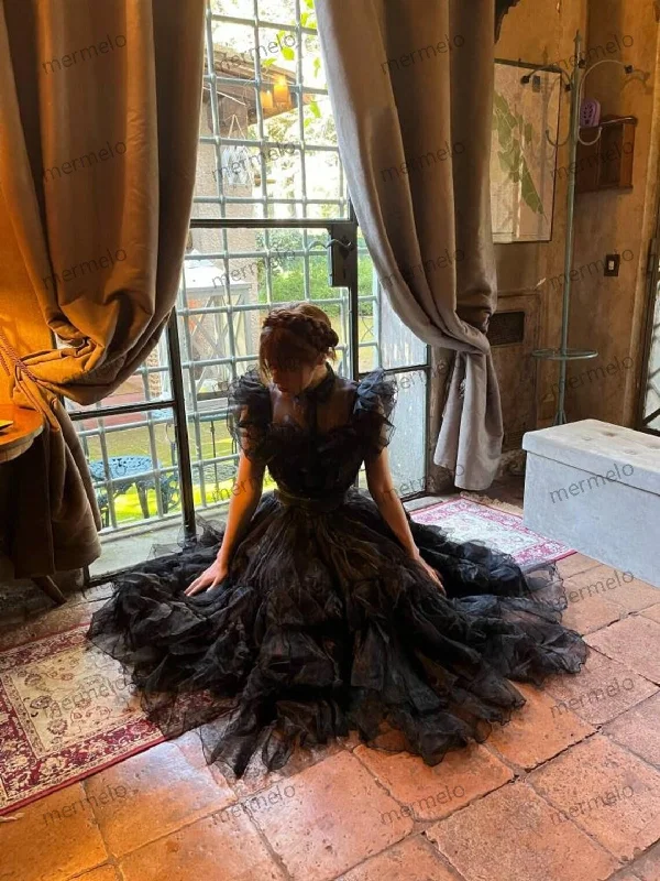 Elegant black organza dress with ruffles, gothic prom dress, leather handmade belt, dark princess dress, wednesday inspired dress