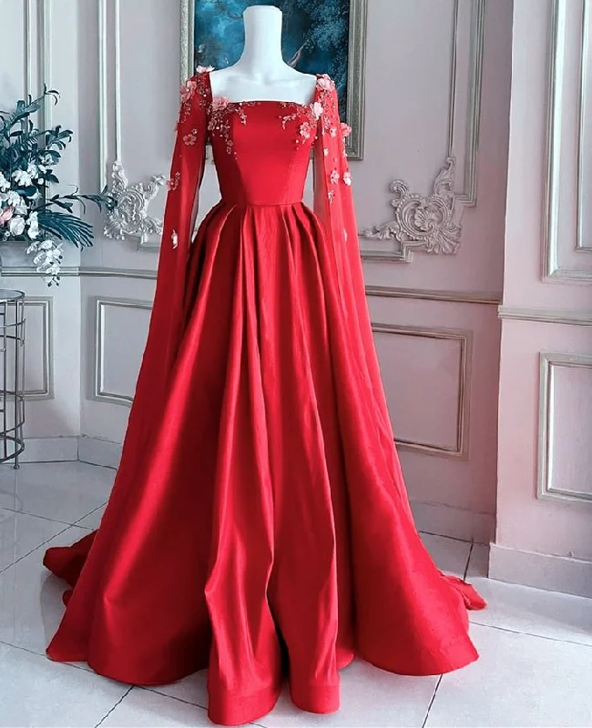 Luxurious Red Satin Appliques Long A Line Evening Dress Formal Prom Dress With Cape cc1576
