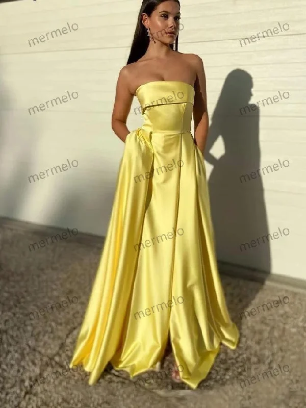 Customized Yellow Satin Evening Gown 2025 Strapless Long A Line Women Prom Dresses Gala Celebrity Formal Gown with Pockets