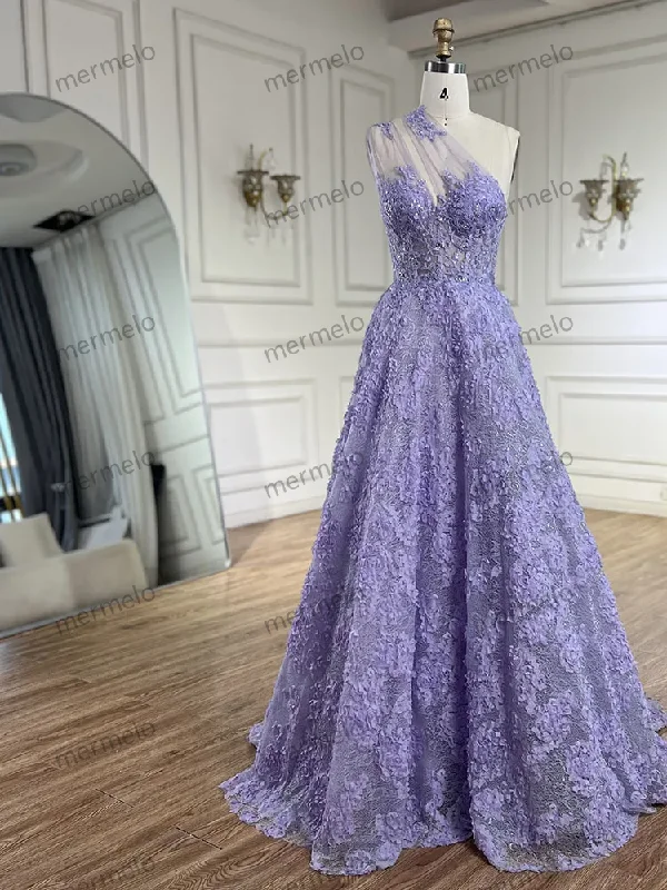 Arabic Lilac One-Shoulder A-Line Lace Appliques Luxury Prom Dress for Women's Party