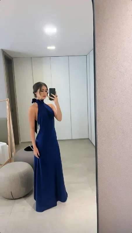 Classy A Line Satin Navy Blue Long Prom Dress Evening Dress cc1597
