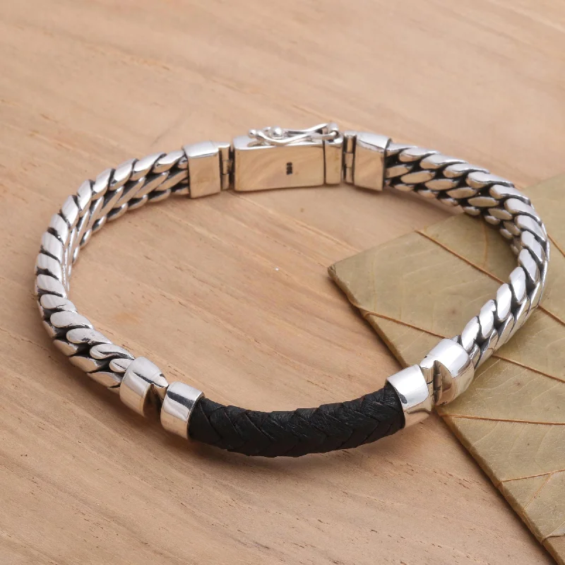 Buy More, Save More On Stunning Jewelry Pieces Bridge in Black Polished Sterling Silver and Leather Men's Bracelet