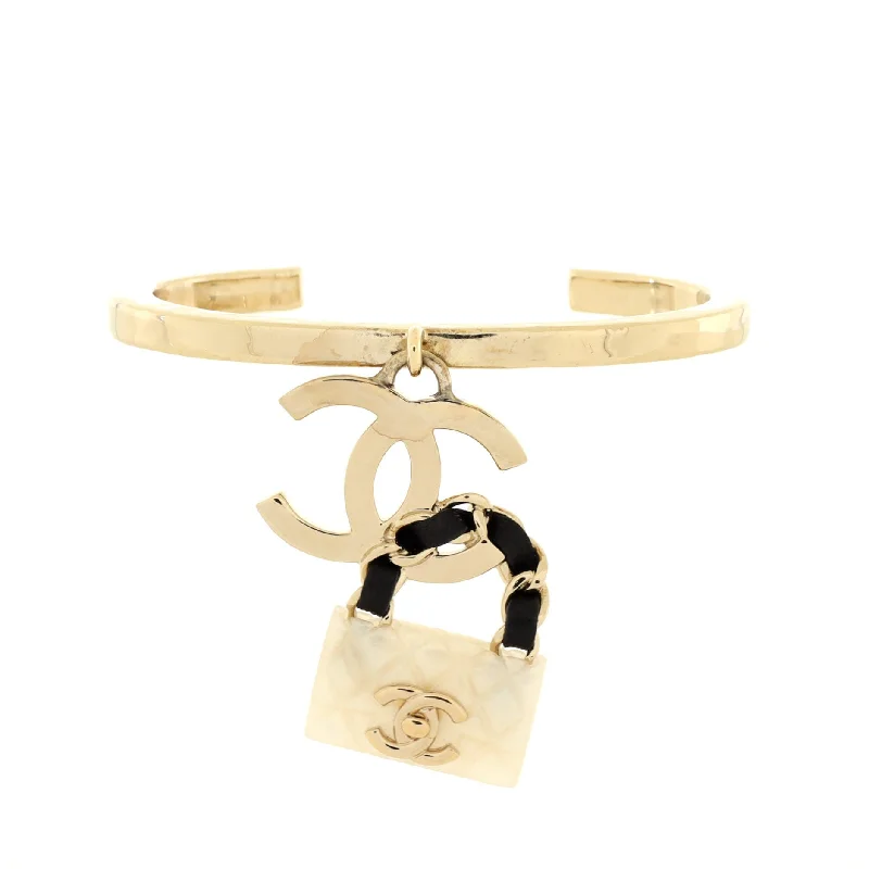 Stunning Statement Jewelry, Unbeatable Discounts Dangle CC Flap Bag Cuff Bracelet Metal with Resin and Leather