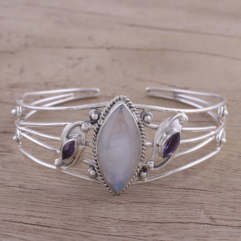 Elegant Jewelry, Affordable Luxury – Shop Now Feminine Glow Rainbow Moonstone and Amethyst Cuff Bracelet from India