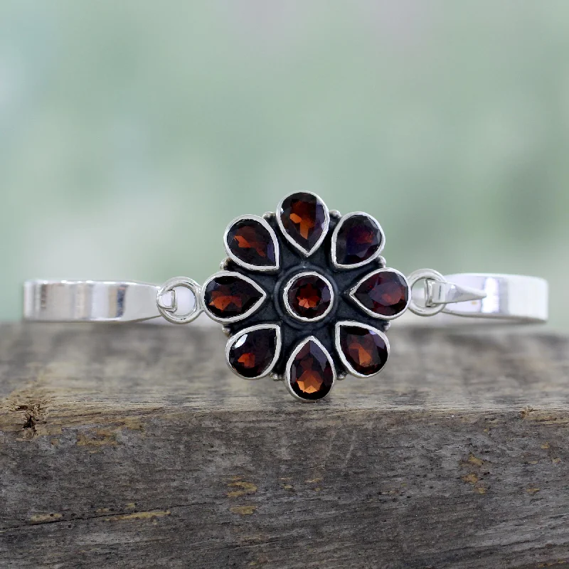 Timeless Beauty, Unbeatable Deals – Jewelry Sale On Garnet Floral Handmade Garnet and Sterling Silver Floral Bangle Bracelet