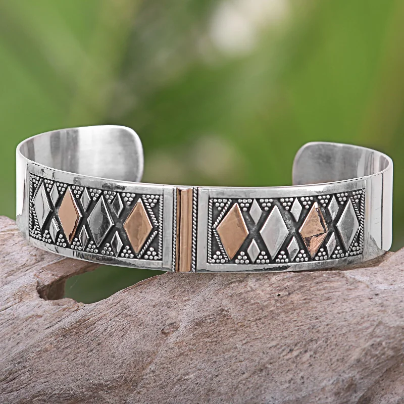 Huge Savings On Premium Jewelry Styles Golden Rhombus Gold Accented Sterling Silver Cuff Bracelet from Indonesia