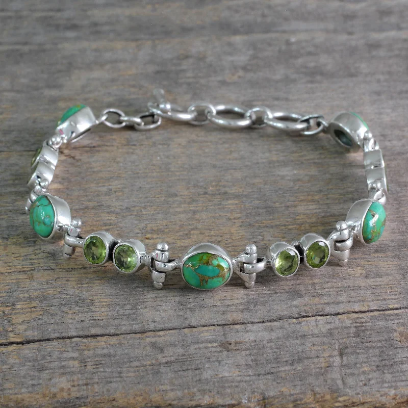Shop Trending Jewelry With Exclusive Savings Green Glow Peridot and Reconstituted Turquoise Silver Link Bracelet
