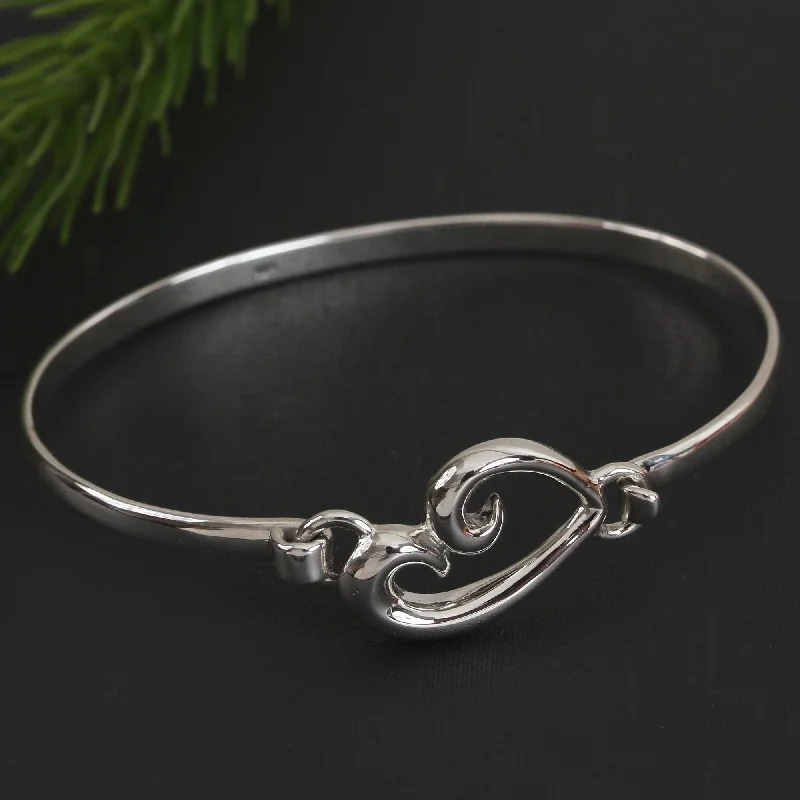 Glamorous Jewelry, Glamorous Deals – Shop Now Heart Curl Taxco Sterling Silver Heart Bangle Bracelet from Mexico