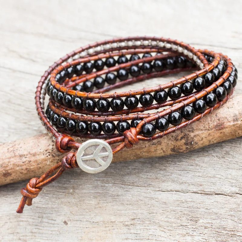 Elevate Your Outfit With Discounted Statement Jewelry Hill Tribe Boheme Onyx Beads on Brown Leather Wrap Bracelet from Thailand