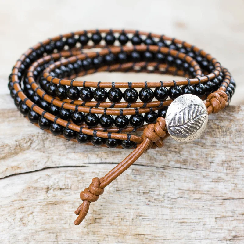 Affordable Elegance – Special Jewelry Sale Now Live Leaf Fossil Hill Tribe Silver and Onyx on Handmade Leather Wrap Bracelet