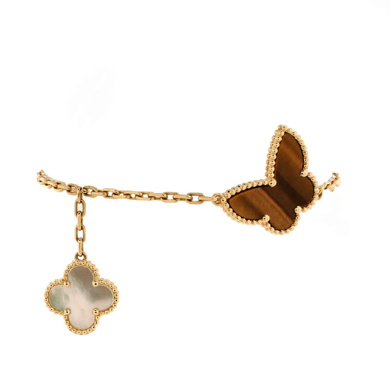 Stunning Jewelry Pieces At The Lowest Prices Ever Lucky Alhambra 4 Motifs Bracelet 18K Yellow Gold with Carnelian, Malachite, Mother of Pearl and Tiger Eye