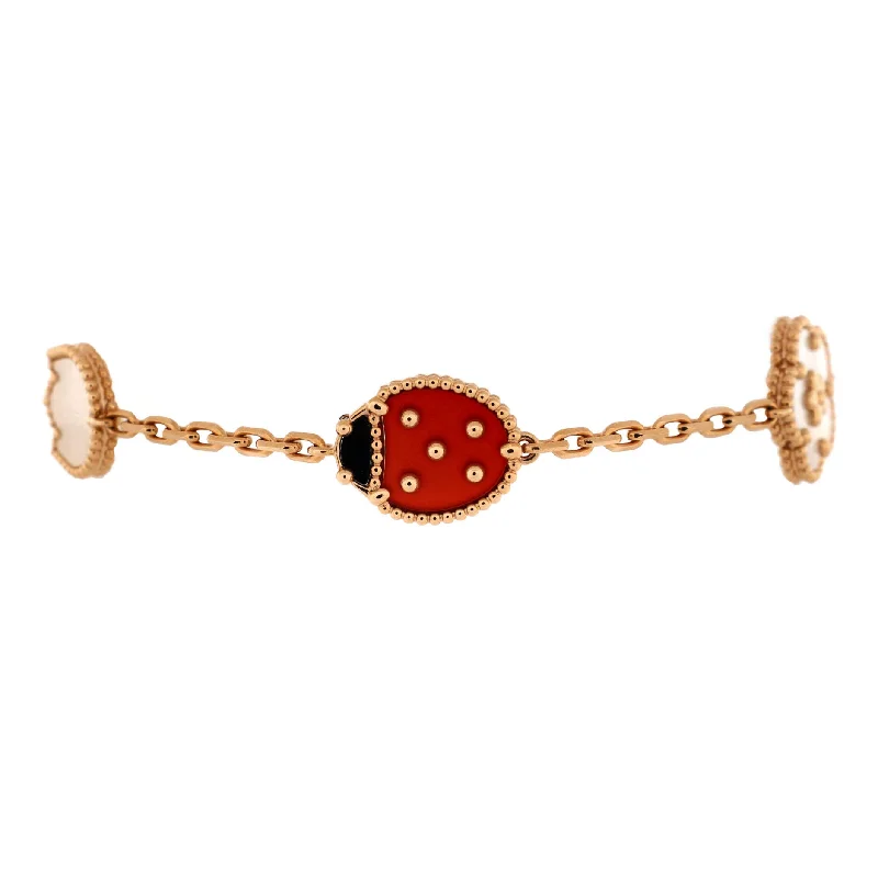 Big Discounts On Elegant Jewelry Collections Lucky Spring 5 Motifs Bracelet 18K Rose Gold and Mother of Pearl with Onyx and Carnelian