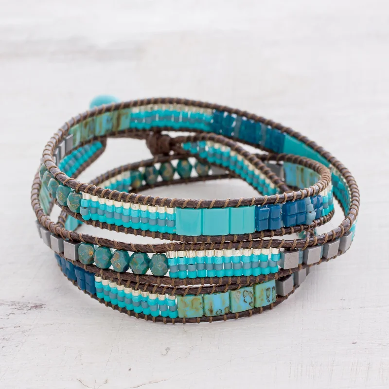 Trending Jewelry Styles Now At Limited-Time Discounts Mayan Monolith Glass Beaded Wrap Bracelet in Turquoise from Guatemala