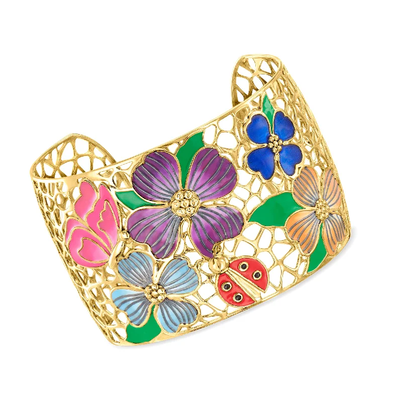 The Perfect Jewelry Piece At The Perfect Price Ross-Simons Multicolored Enamel Floral Filigree Cuff Bracelet in 18kt Gold Over Sterling