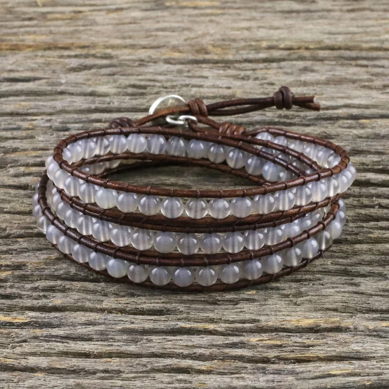 Luxury Jewelry Without The Luxury Price Tag Spring Fog Chalcedony and Leather Beaded Wrap Bracelet from Thailand