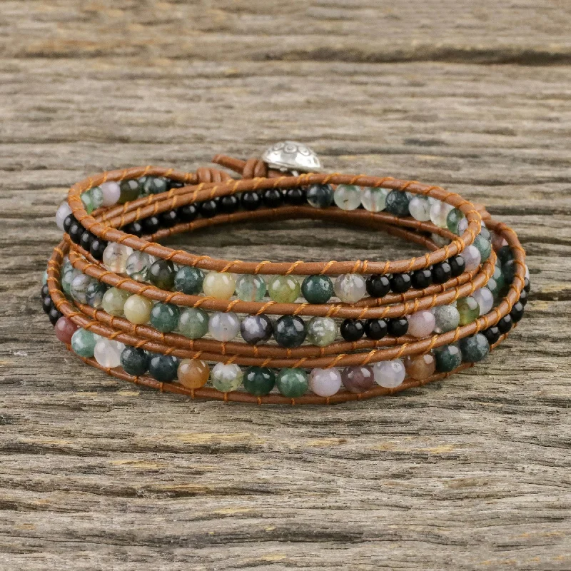Your Perfect Accessory Now At The Best Price Sunset Fields Moss Agate and Onyx Beaded Leather Cord Wrap Bracelet