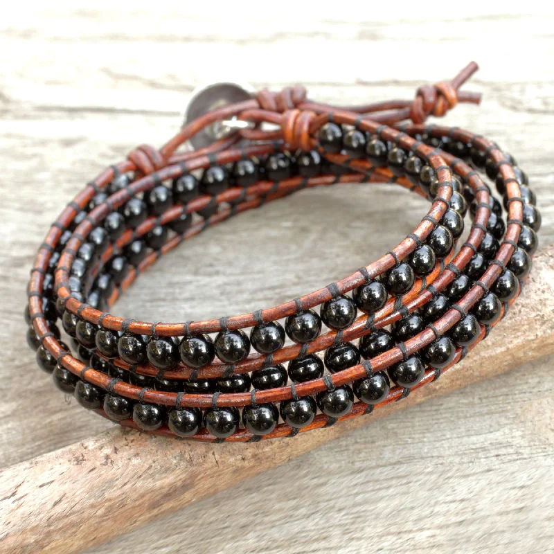 Exclusive Gemstone Jewelry Markdowns – Shop Now Surin Night Onyx and Leather Wrap Bracelet with Hill Tribe Silver Clasp