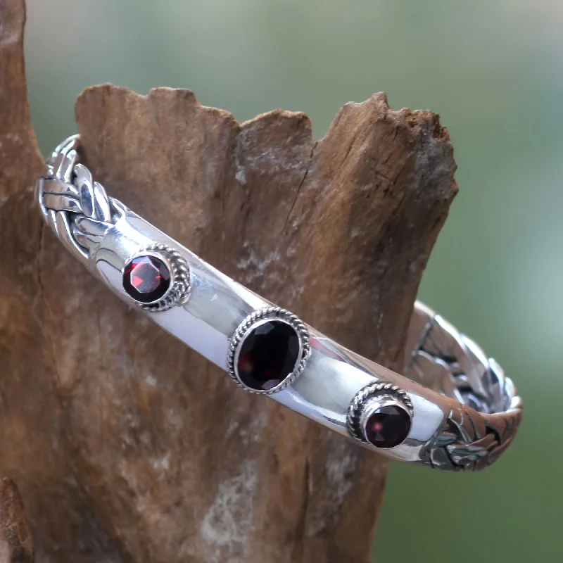 Timeless Elegance Now At Special Discounts Three Guardians Braided Sterling Silver Cuff Bracelet with Three Garnets