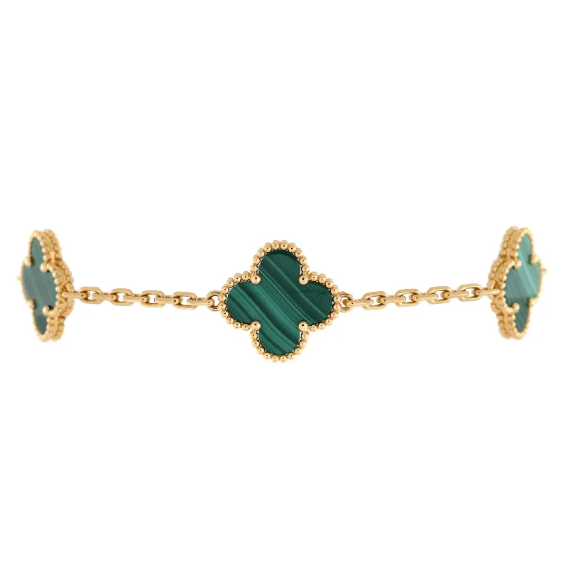 Elegant Jewelry Styles At Budget-Friendly Prices Vintage Alhambra 5 Motifs Bracelet 18K Yellow Gold and Malachite