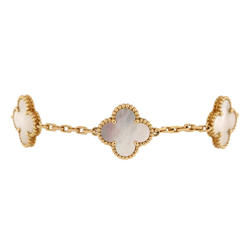 Breathtaking Jewelry At Limited-Time Savings Vintage Alhambra 5 Motifs Bracelet 18K Yellow Gold and Mother of Pearl