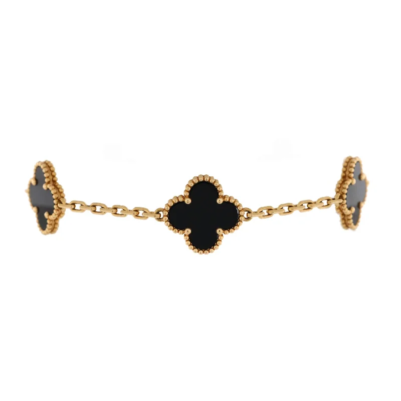 Special Offers On Handcrafted And Designer Jewelry Vintage Alhambra 5 Motifs Bracelet 18K Yellow Gold and Onyx