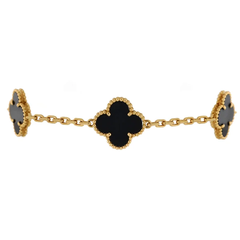 Holiday Jewelry Sale – Perfect Gifts At Great Prices Vintage Alhambra 5 Motifs Bracelet 18K Yellow Gold and Onyx