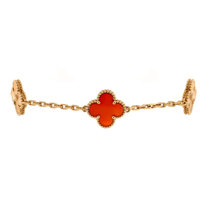 Get The Sparkle You Love At Prices You Adore Vintage Alhambra 5 Motifs Bracelet Guilloche 18K Rose Gold and Carnelian