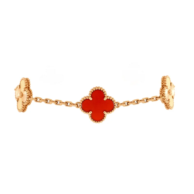 Stunning Jewelry At Even More Stunning Prices Vintage Alhambra 5 Motifs Bracelet Guilloche 18K Rose Gold and Carnelian
