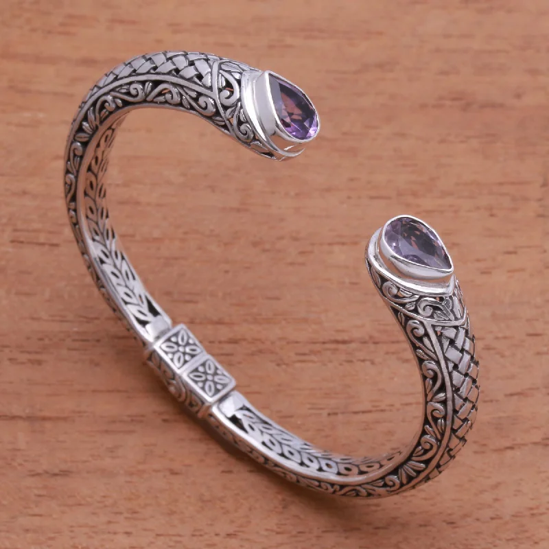 Elegant Jewelry, Affordable Luxury – Shop Now Woven Drops Weave Pattern Amethyst Cuff Bracelet from Bali