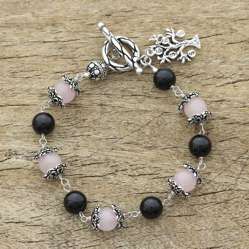 Waterproof Stainless Steel Jewelry For Lasting Beauty Lucky Money Tree Rose Quartz & Onyx Bracelet