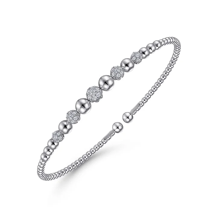 Trending Jewelry Now Available At Exclusive Prices 14K White Gold Bujukan Bead Cuff Bracelet with Pave Diamond Stations
