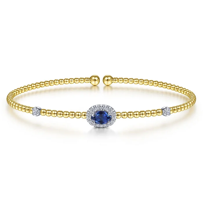 Limited-Time Offer On Premium Jewelry Collections 14K White-Yellow Gold Bujukan Bead Cuff Bracelet with Sapphire and Diamond Halo Station