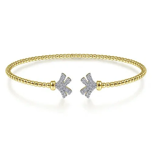 Eco-Friendly Sustainable Jewelry For Conscious Buyers 14K Yellow Gold Bujukan Split Cuff Bracelet with Diamond Pave Fan Caps