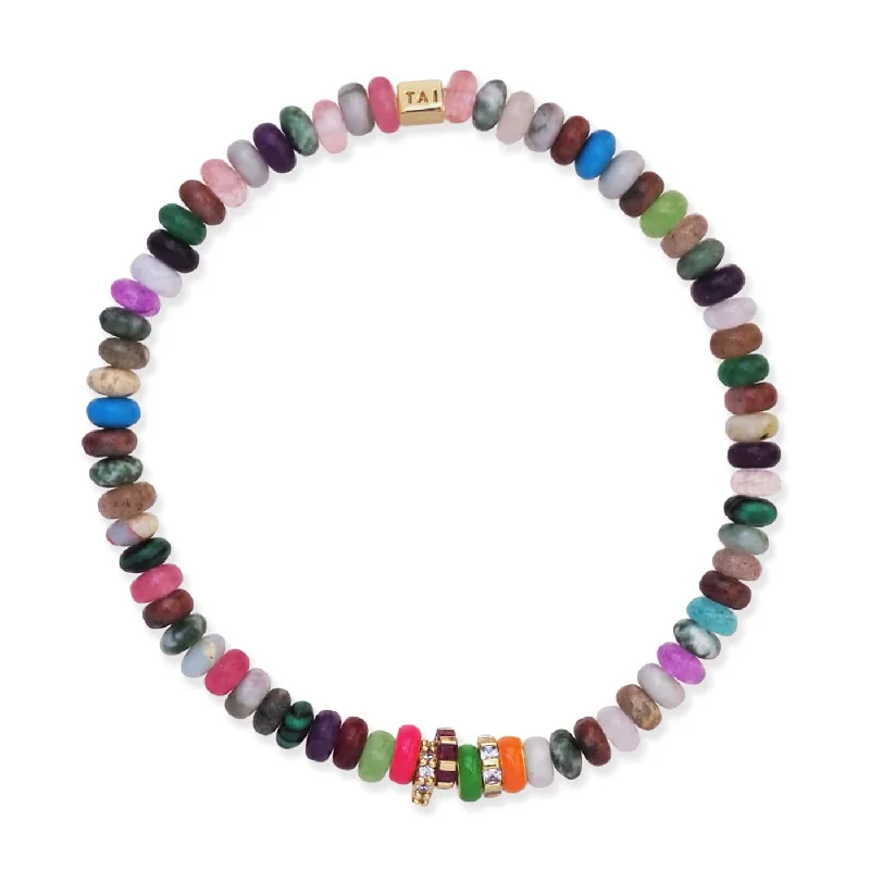Premium Jewelry Now Available At Special Discounts TAI Semi-Precious Stretch Bracelet with Colored and CZ Rondelles -Multi Mix
