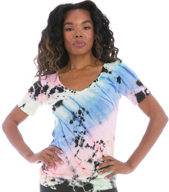 Bamboo Jersey V Neck T with Neon Rainbow Iceberg Tie Dye Comfortable Jersey Tee