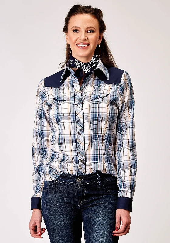 WOMENS LONG SLEEVE SNAP MADRIS PLAID PLAID WESTERN SHIRT WITH PIPING SOLID YOKES SMILE POCKETS Plaid T-Shirt Polka Dot Checkered