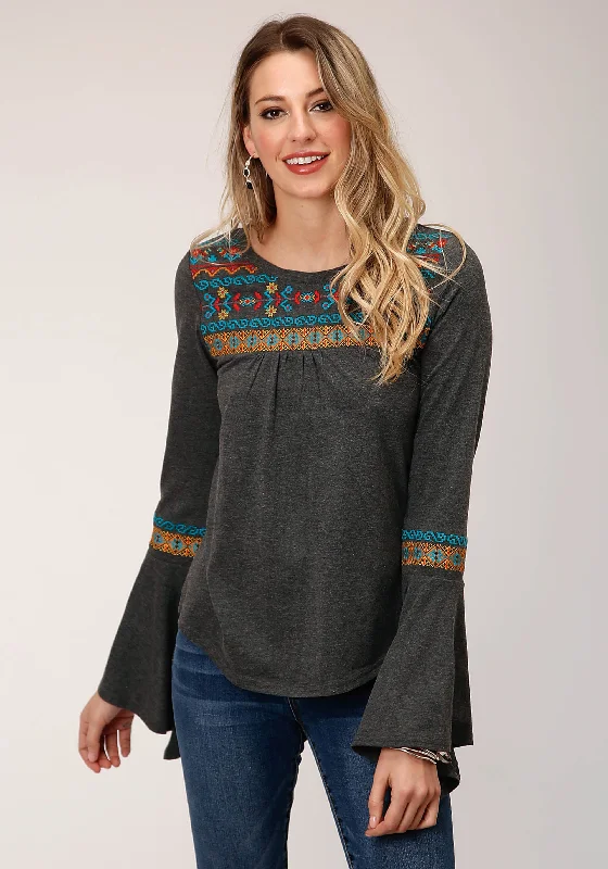 WOMENS LONG SLEEVE KNIT HEATHER JERSEY PEASANT  TOP Exclusive Jersey Tee