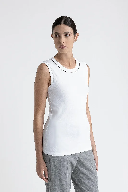 Stretch jersey top with Punto Luce trim V Neck Jersey Blouse