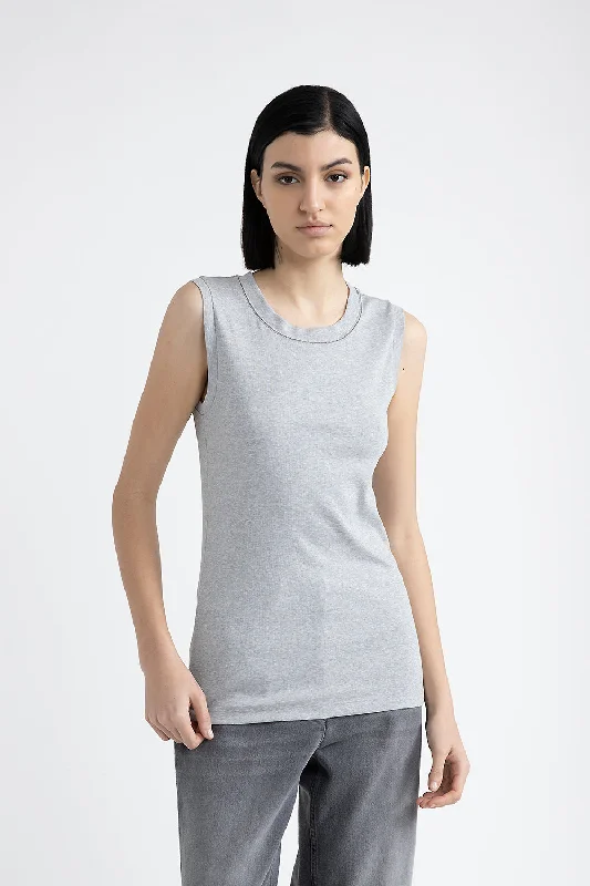 Stretch jersey top with Punto Luce trim Round Neck Jersey Tee