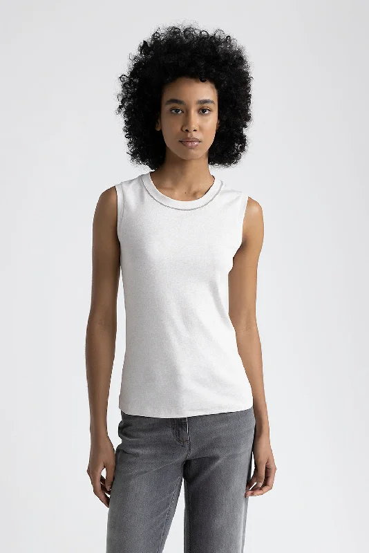 Stretch jersey top with Punto Luce trim Boat Neck Jersey Shirt