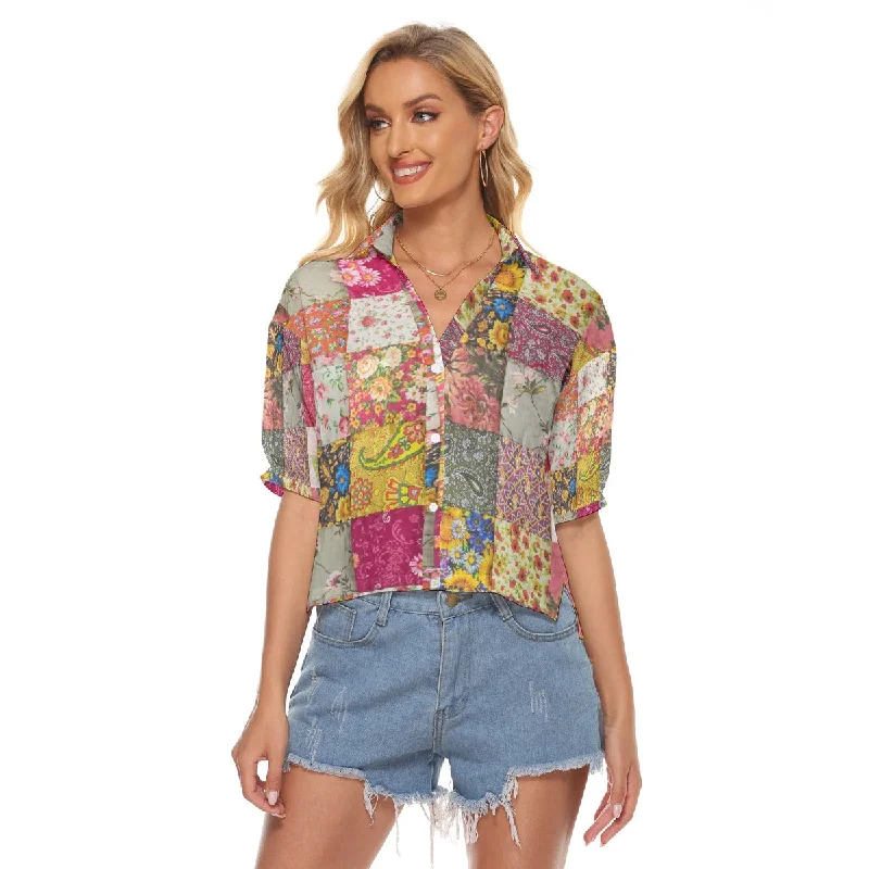 Patchwork Print Women's V-neck Shirts Anti-Shrink Durable Soft