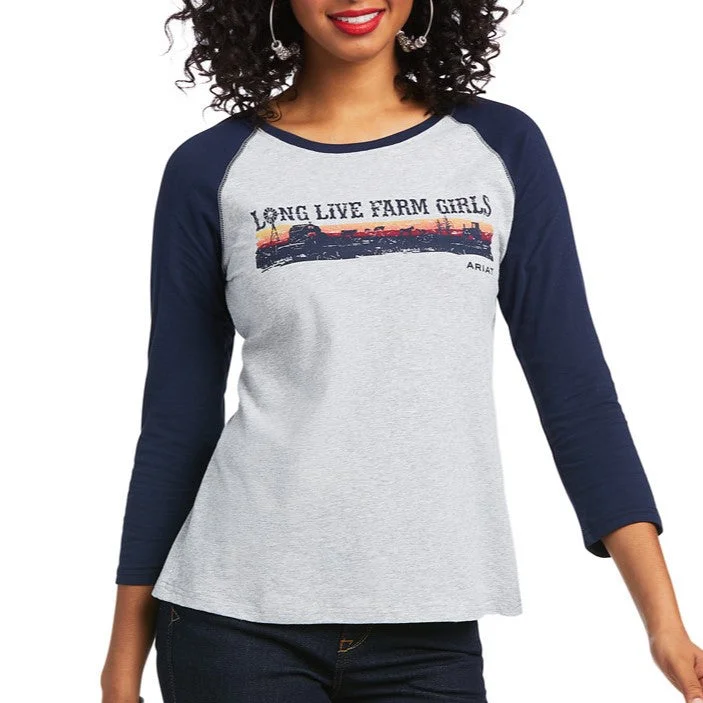 Ariat Ladies R.E.AL.  Long Live Heather Grey Baseball T-Shirt 10039779 Solid Color Striped Floral