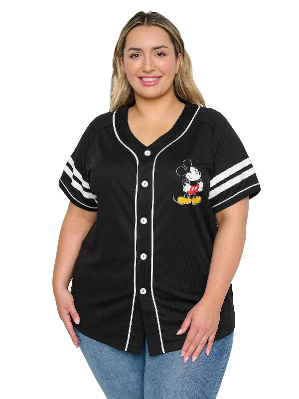 Women's Plus Size Mickey Mouse Baseball Jersey Shirt Button Down Black Handmade Jersey Tee