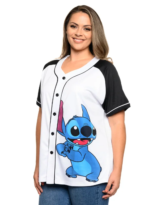 Disney Stitch Baseball Jersey Button Down Shirt White Women's Plus Size High-End Jersey Tee