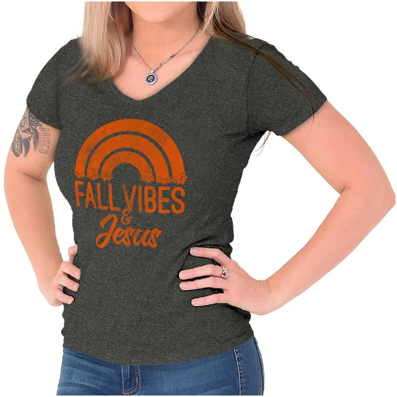 Fall Vibes & Jesus Junior Fit V-Neck T Shirt Jersey Fabric Tulle Fabric Batik Fabric