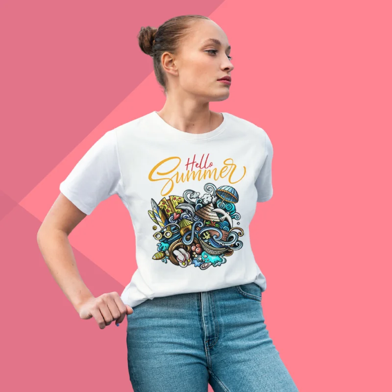 Hello Summer Vibe Printed Women's White T-Shirt - Quirky T-Shirt Terry Blend Velvet Blend Canvas Blend