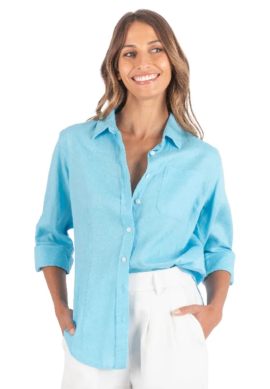 Iris Turquoise Classic Fit Linen Shirt Satin Blend Silk Blend Wool Blend