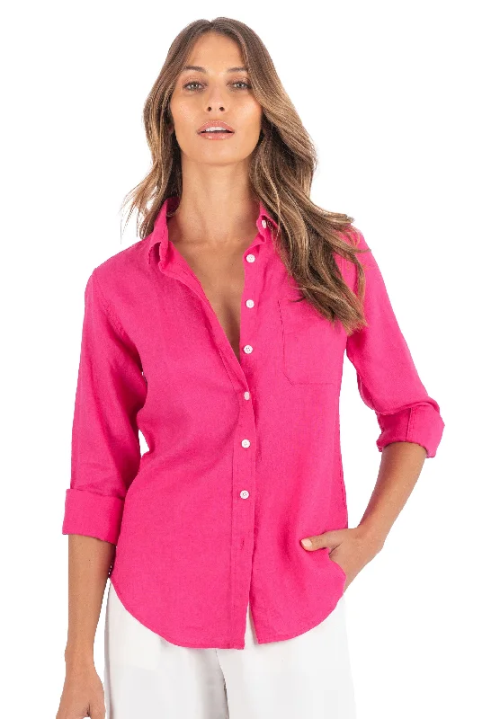 Iris Fuchsia Pink Classic Fit Linen Shirt Polka Dot Checkered Tartan