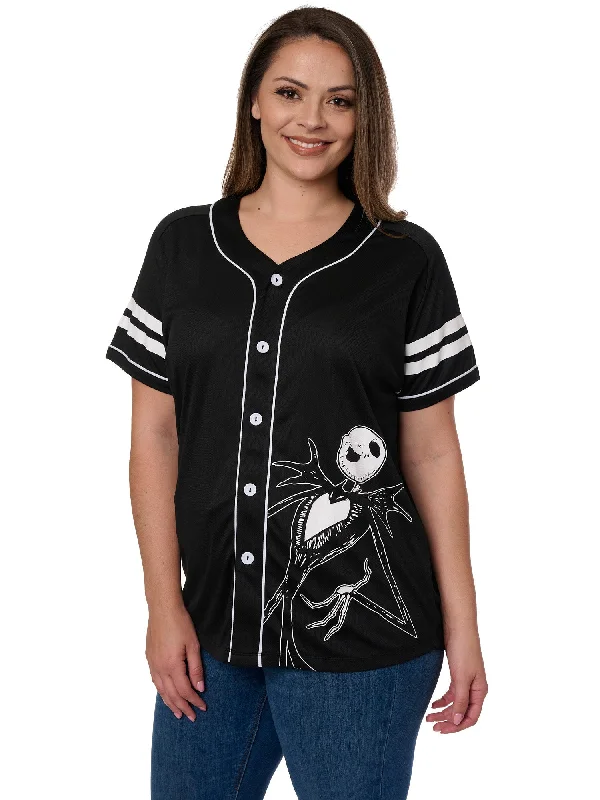 Women's Plus Skellington Baseball Jersey Shirt Button Nightmare Before Christmas Recycled Jersey Tee